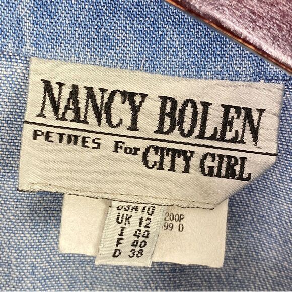 Nancy Bolen City Girl Embroidered Chambray Sheer Sleeve Crop Shacket Blue 10P - Picture 10 of 14